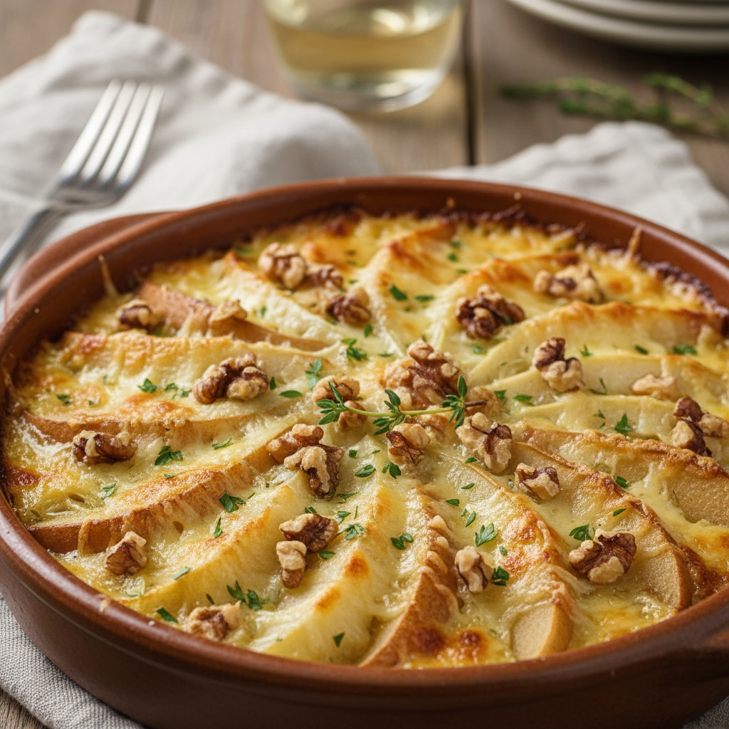 leicht süssliches Chicorée-Birnen-Gratin mit Baumnüssen