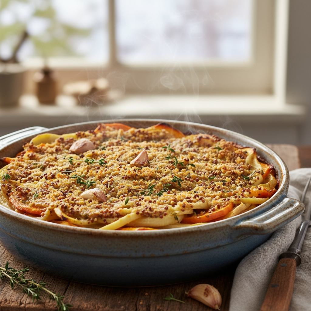 Wurzelgemüse‑Ofen‑Gratin mit Senfkruste
