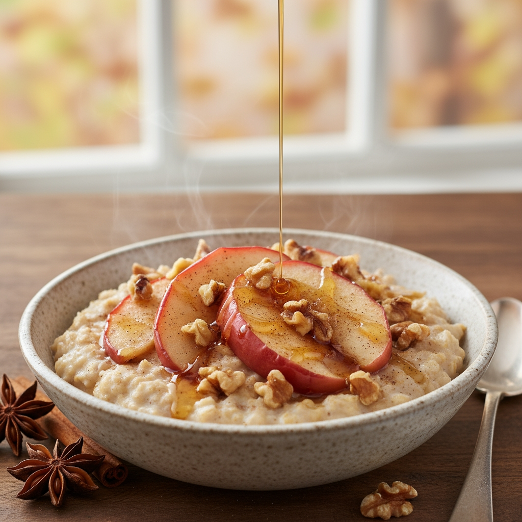 Warmer Haferbrei mit geröstetem Apfel und Walnüssen