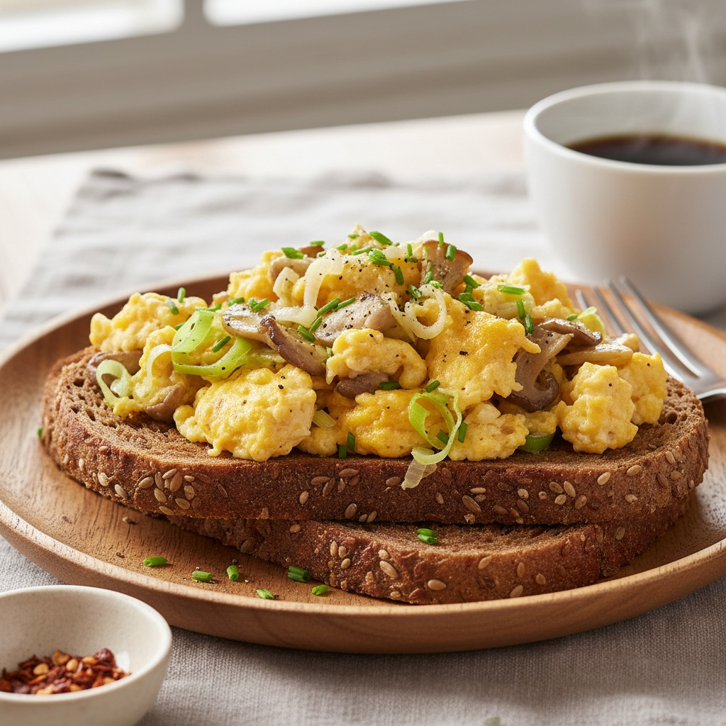 Herzhaftes Rührei mit Lauch und Kräuterseitlingen auf Roggenbrot
