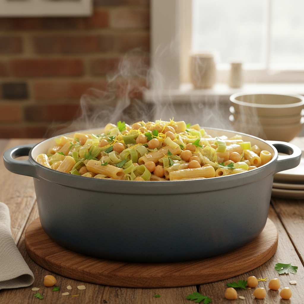 One-Pot Pasta mit Lauch, Kichererbsen und Zitronenabrieb