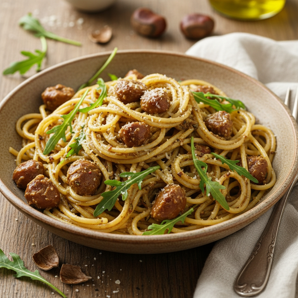 Spaghetti mit Maroni-Pesto und Rucola