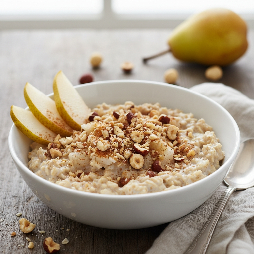 Bircher-Style Hafer mit Birne und gerösteten Haselnüssen