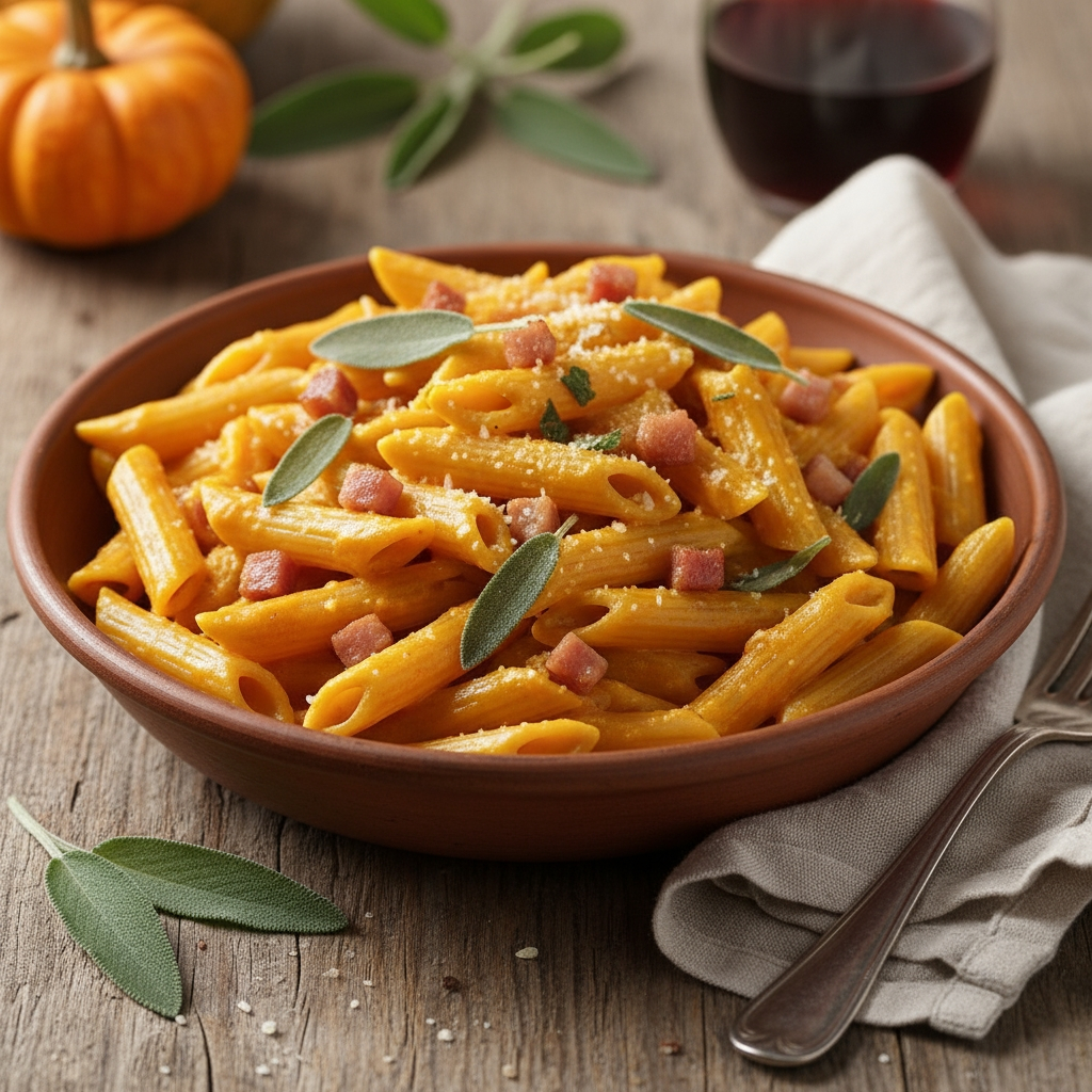 Kürbis-Penne mit Salbei und Pancetta