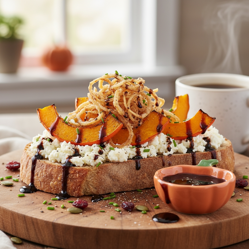 Kürbis-Toast mit Ziegenkäse und Röstzwiebeln