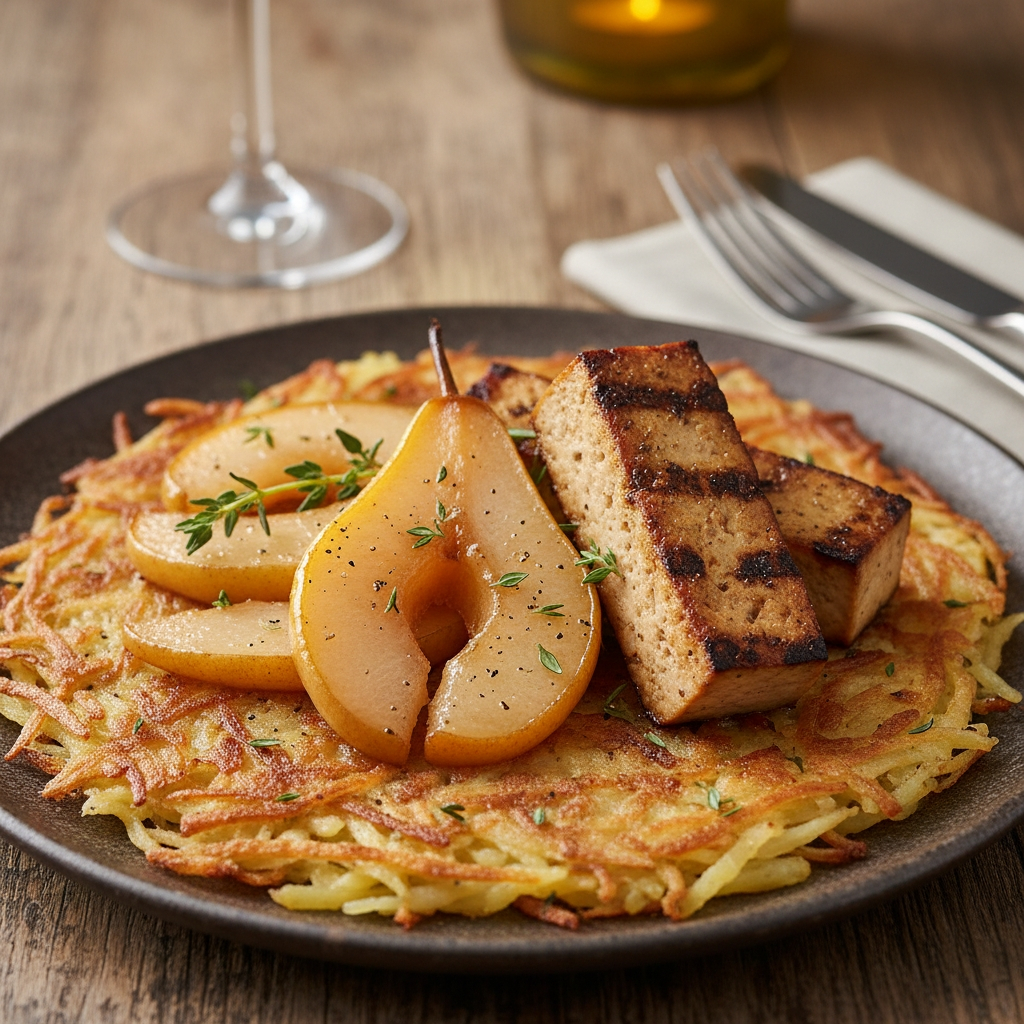 Rösti mit karamellisierten Birnen und geräuchertem Tofu (herzhaft-süß)