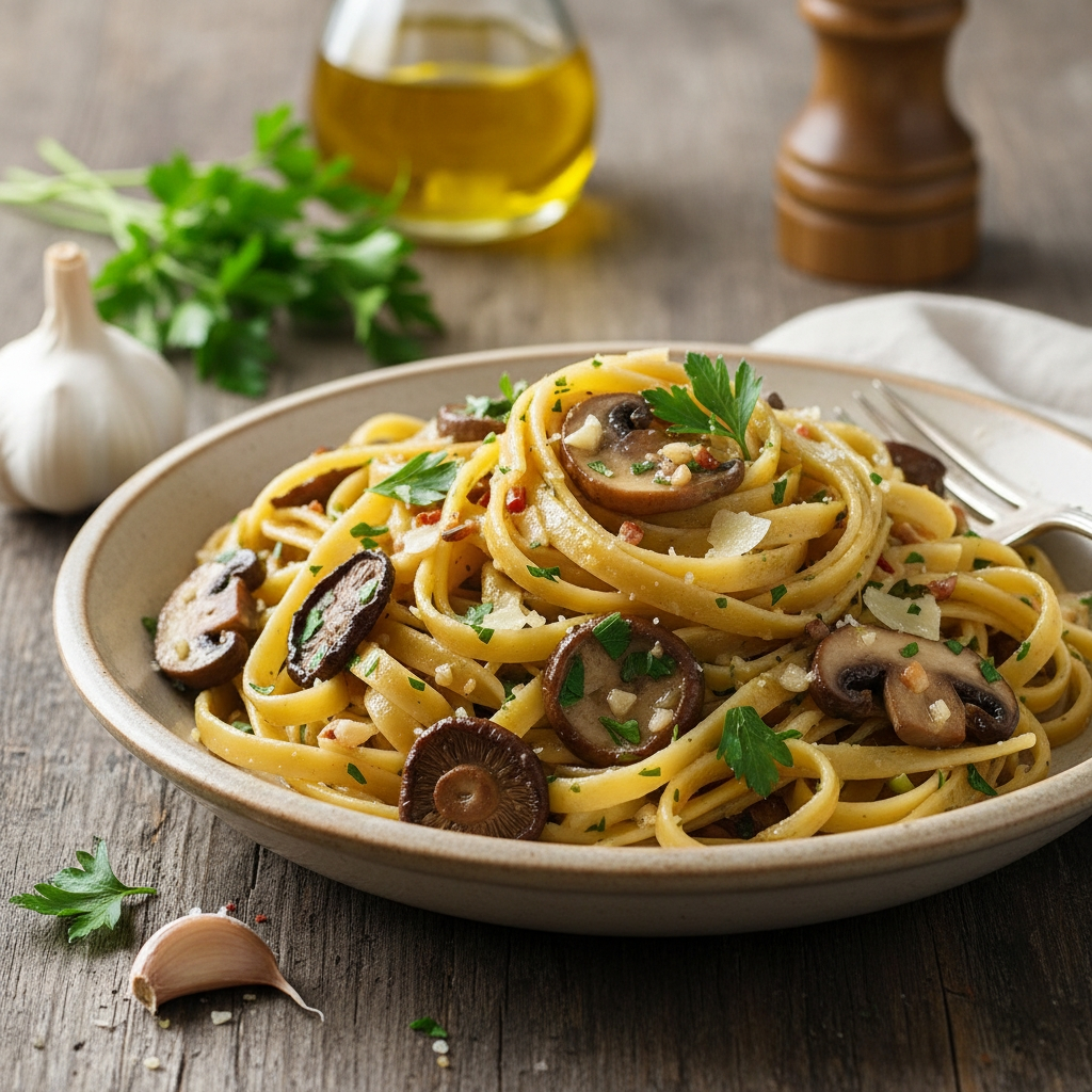 Tagliatelle mit Waldpilzen, Knoblauch und Petersilie
