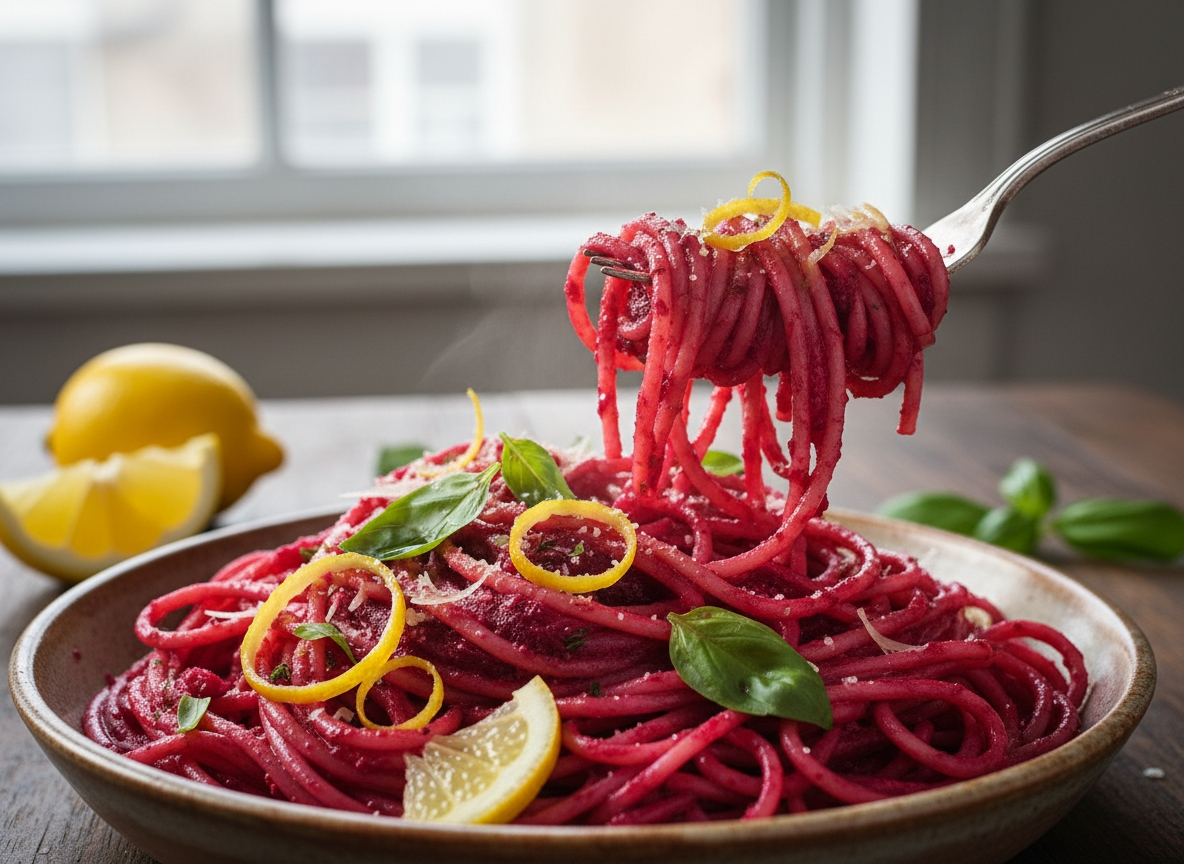 Spaghetti mit cremiger Randen Sauce und Zitrone