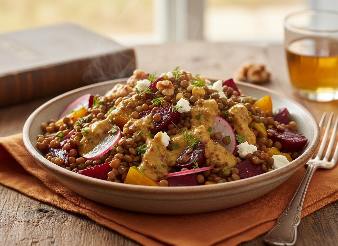 Warmer Linsensalat mit Ofen Randen und Senf Dressing