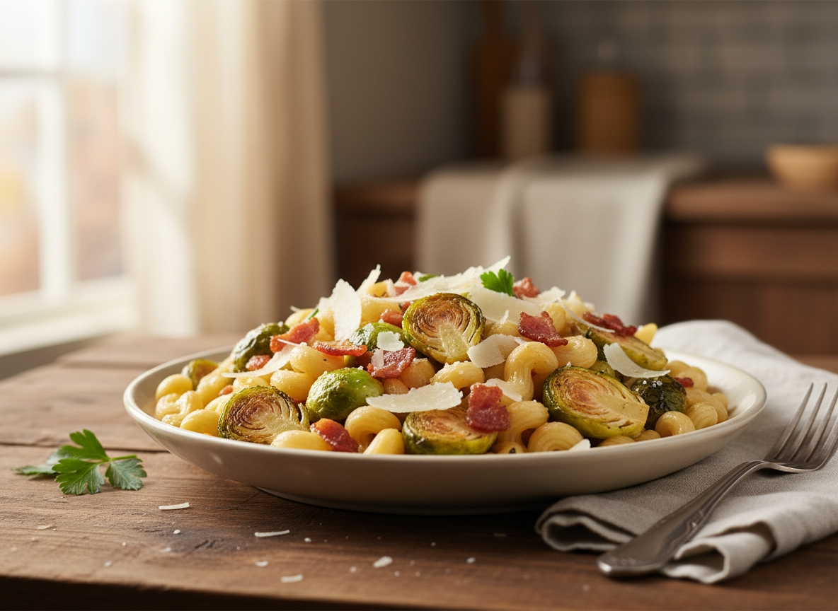 Kurznudeln mit Rosenkohl, Speck und Parmesan