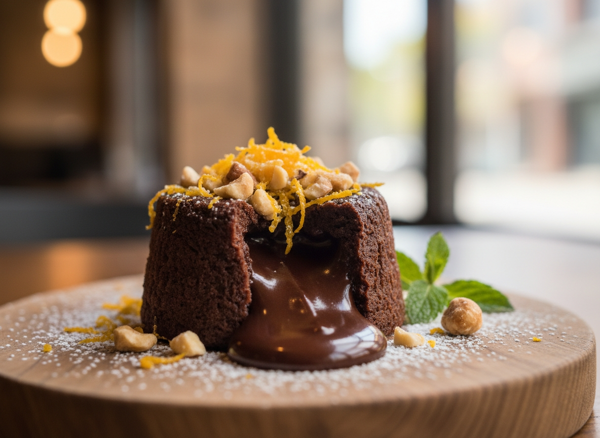 Schokoladen Fondant mit Orangenzeste und gerösteten Haselnüssen
