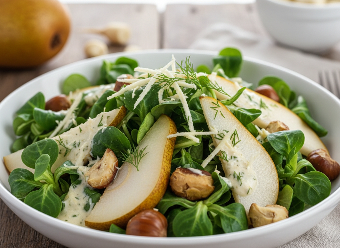 Feldsalat mit Birne, Maroni und Meerrettich Dressing