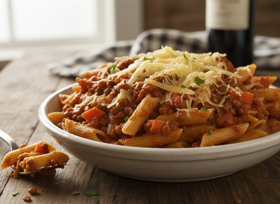 Penne mit Linsen Bolognese und geriebenem Gruyère