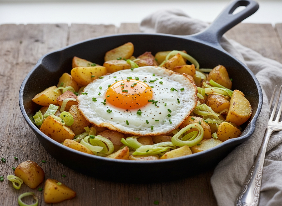 Bratkartoffeln mit Lauch und Spiegelei